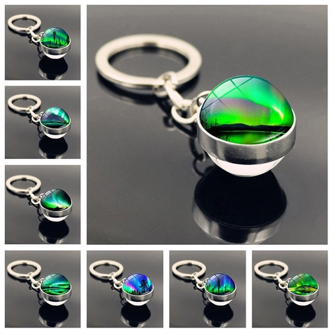 Porte-Clés Boule de Verre Aurore Boréale Paysage de Forêt Art Double Face Argent Alliage de Zinc Porte-Clés Bijoux Cadeau Femme Homme