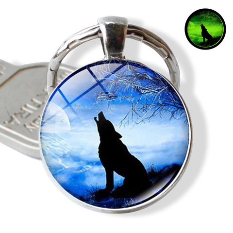 Leuchtender Heulender Wolf Am Mond Zeitjuwel Schlüsselanhänger Im Dunkeln Leuchtend Glasanhänger Legierung Schlüsselring