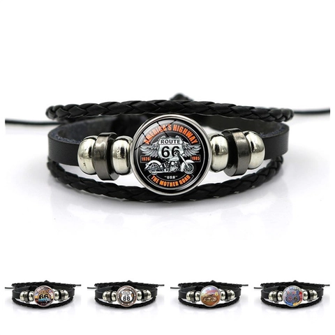 Braccialetto in Pelle Multistrato Retro Route 66 Punk Rock Gemma del Tempo in Vetro Lega Intrecciata Regolabile Gioielli da Donna Uomo