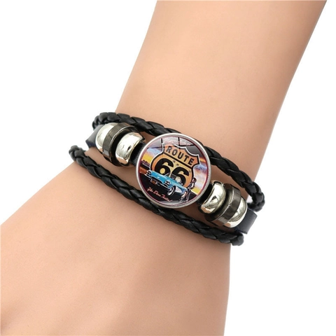 Braccialetto in Pelle Multistrato Retro Route 66 Punk Rock Gemma del Tempo in Vetro Lega Intrecciata Regolabile Gioielli da Donna Uomo
