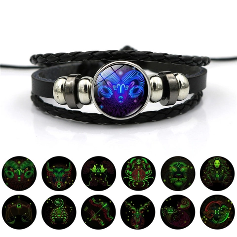 Vintage Punk Multi Layer Gevlochten Kunstleer Armband Lichtgevend Sterrenbeeld Glow In The Dark Legering Glas Sieraden