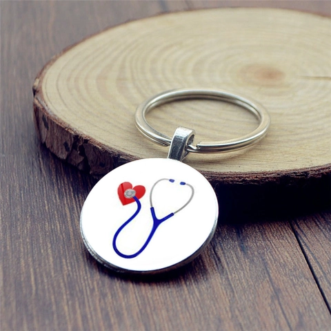 Medical Theme Alloy Keychain Glass Time Gem Stethoscope Syringe Design Nurse Doctor Gift Registered Nurse Accessory Jewelry