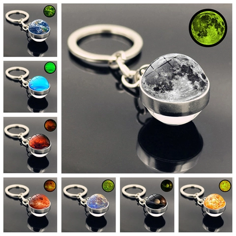 Luminous Solar System Planet Keychain Glow In The Dark Galaxy Nebula Earth Mars Moon Glass Ball Metal Keyring Jewelry