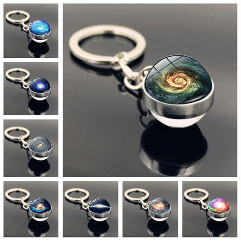 Porte-clés Galaxie Espace Cabochon Verre Pendentif Nébuleuse Anneau Alliage Zinc Porte-clés Double Face Cadeau Homme Femme