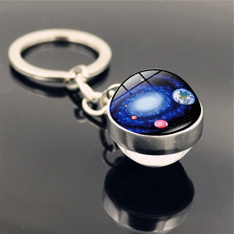Porte-clés Galaxie Espace Cabochon Verre Pendentif Nébuleuse Anneau Alliage Zinc Porte-clés Double Face Cadeau Homme Femme