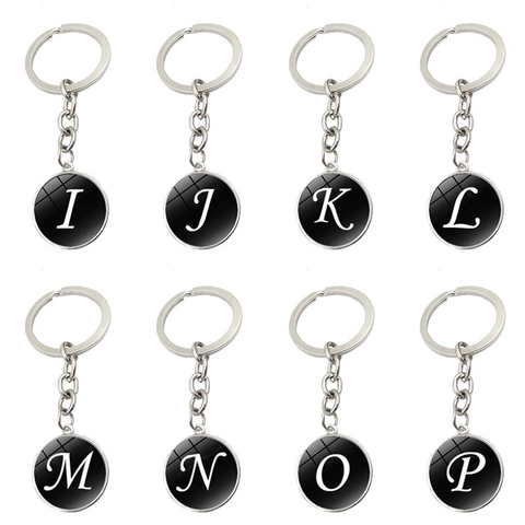 Alphabet A-Z Buchstaben Schlüsselanhänger Metall Silber Zinklegierung Glaskuppel Anhänger Schlüsselring Für Auto Tasche Damen Herren