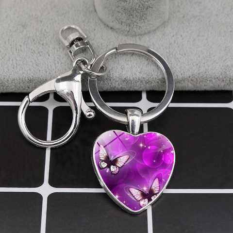 Heart Shaped Butterfly Keychain With Glass Cabochon Alloy Metal Key Ring Pendant For Bag Hanging Charms Romantic Gift For Women