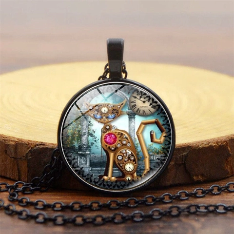 Steampunk Katze Anhänger Halskette Retro Legierung Glas Cabochon Mechanische Zahnrad Uhr Gesicht Tier Schmuck Geschenke Für Herren Damen