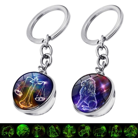 Portachiavi Luminoso a Forma di Sfera di Vetro Con Dodici Segni Zodiacali Cielo Stellato in Lega di Zinco per Uomo e Donna