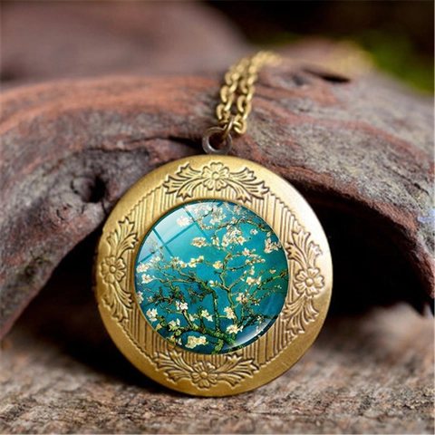 Collar de Colgante de Cobre Vintage Arte de Van Gogh Relicario de Vidrio Relieve Noche Estrellada Girasoles Joyería Mujer