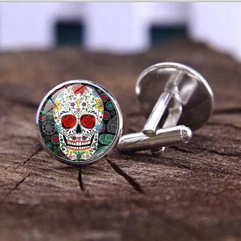 Heren Suikerschedel Manchetknopen Verzilverde Legering Glas Rond Franse Overhemd Manchetknopen Vintage Mexicaanse Sieraden Cadeau