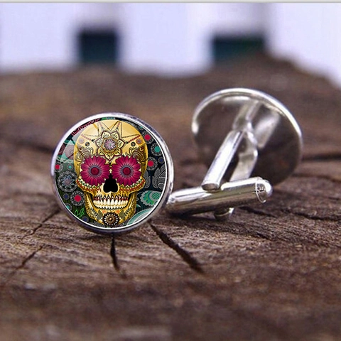 Gemelos De Calavera De Azúcar De México Vintage Día De Los Muertos Calavera Arte Vidrio Cabochón Aleación Plata Hombre Joyería