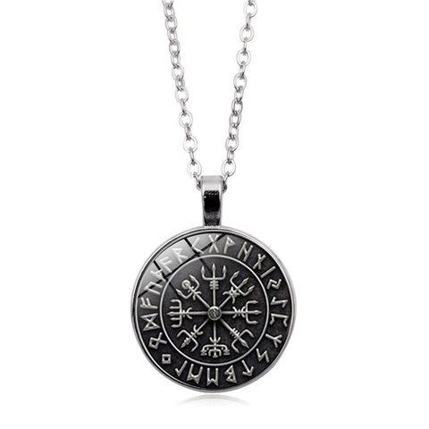 Collier Pendentif Boussole Viking Vintage Runes Nordiques Vegvisir Cabochon en Verre Alliage Chaîne de Pull Bijoux Pour Hommes Femmes