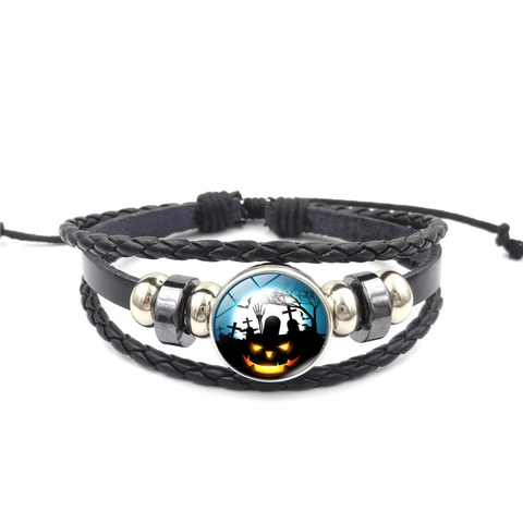 Halloween Pumpkin Skeleton Leather Bracelet For Men Women Punk Vintage Multilayer Braided Handcrafted Woven Jewelry Wristband