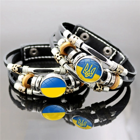 Bracciale in Pelle con Bandiera Ucraina Vintage Punk Multistrato Intrecciato con Perline per Uomo Donna Tridente Cuore Colomba della Pace Gioielli in Vetro