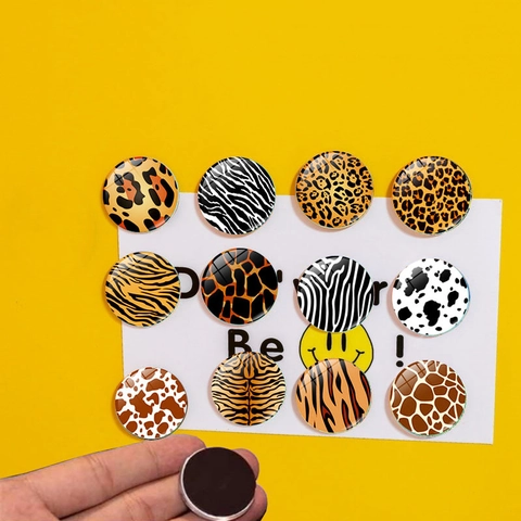 Round 30mm Animal Print Fridge Magnets Decorative Synthetic Resin Cabochon Leopard Zebra Pattern Magnetic Whiteboard Sticker For Home Office Decor