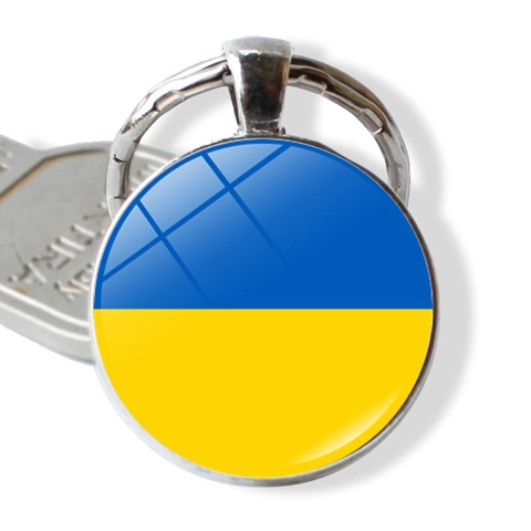 Portachiavi con Bandiera Nazionale dell'Ucraina in Lega di Zinco Pendente Rotondo in Vetro con Gemma del Tempo Souvenir