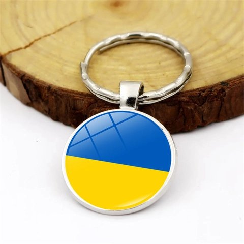 Portachiavi con Bandiera Nazionale dell'Ucraina in Lega di Zinco Pendente Rotondo in Vetro con Gemma del Tempo Souvenir