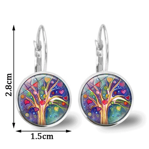Vintage Tree Of Life Leverback Earrings Glass Cabochon Silver Color Alloy Drop Earrings For Women Artistic Jewelry Gift