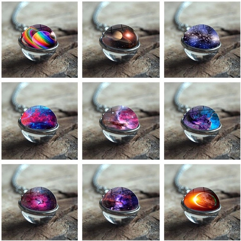 Galaxy Planet Pendant Necklace Vintage Glass Ball Alloy Silver Chain Universe Nebula Jewelry For Women Men