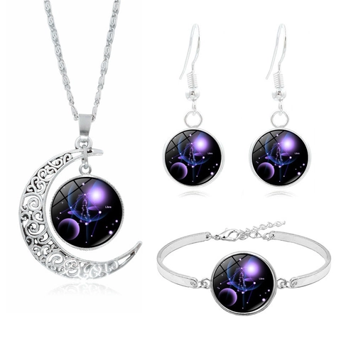 12 Segni Zodiacali Collana Bracciale Orecchini Gioielli Lega Vetro Galassia Cielo Stellato Pendente Luna Per Donna Regalo Compleanno