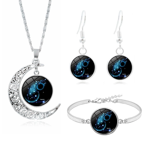 12 Segni Zodiacali Collana Bracciale Orecchini Gioielli Lega Vetro Galassia Cielo Stellato Pendente Luna Per Donna Regalo Compleanno