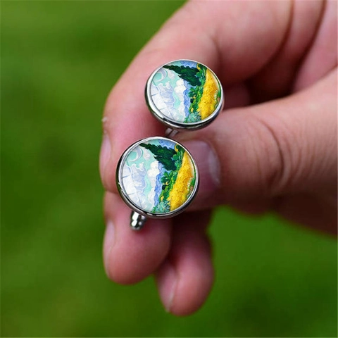 Van Gogh Art Glass Gem Cufflinks For Men Silver Alloy Round Shirt Accessories Classic Painting Business Jewelry Gift