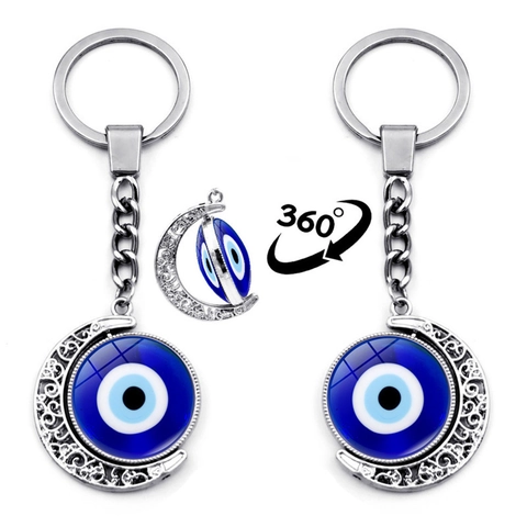 Portachiavi Vintage Evil Eye Crescent Moon Nazar Turco Rotante Ciondolo in Lega di Zinco e Vetro Accessorio Portachiavi Etnico Boho