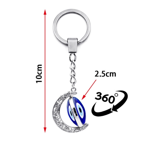 Portachiavi Vintage Evil Eye Crescent Moon Nazar Turco Rotante Ciondolo in Lega di Zinco e Vetro Accessorio Portachiavi Etnico Boho