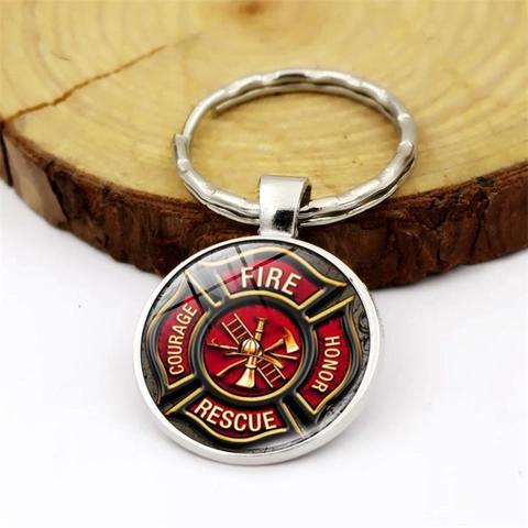 Llavero con Insignia de Bomberos de Aleación de Zinc Cruz de Malta Cabuchón de Vidrio Metálico Regalo de Honor para Hombres Mujeres