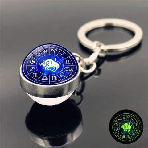 Portachiavi Zodiacale Luminoso al Buio Costellazioni Lega di Zinco Ciondolo a Sfera di Vetro Regalo di Compleanno per Amici
