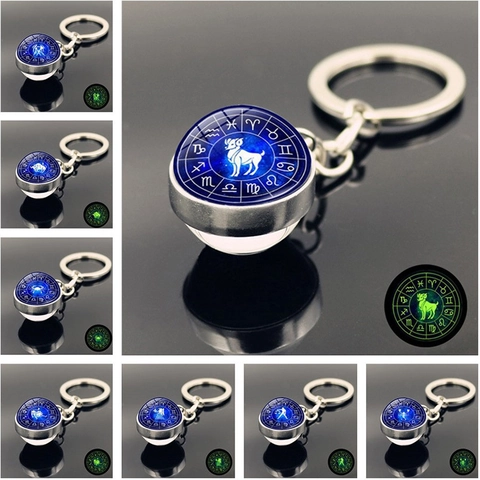 Portachiavi Zodiacale Luminoso al Buio Costellazioni Lega di Zinco Ciondolo a Sfera di Vetro Regalo di Compleanno per Amici