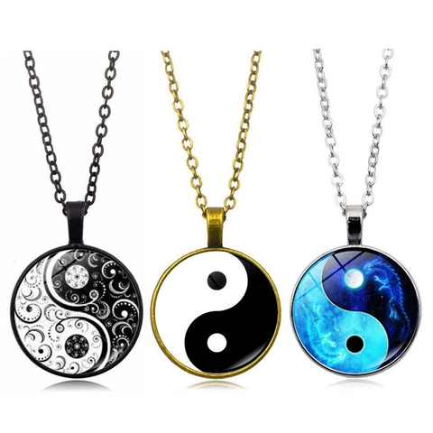 Vintage Tai Chi Yin Yang Pendant Necklace Alloy Glass Time Gem Retro Dragon Pattern Long Chain Jewelry For Men Women