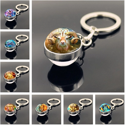 Llavero de Bola de Vidrio de Doble Cara de Doce Constelaciones Colgante de Aleación de Zinc Creativo Zodiaco Anillo de Llave Para Mujer Regalo de Cumpleaños