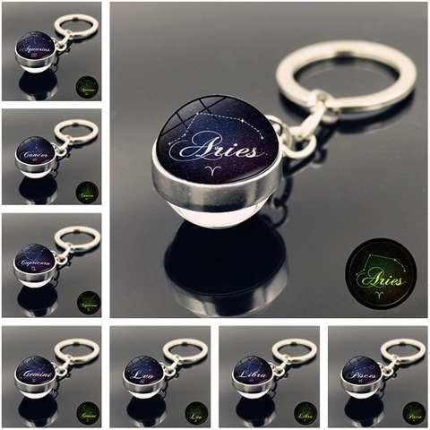 Portachiavi Luminoso con Segni Zodiacali con Lega di Zinco e Ciondolo Sfera di Vetro Cielo Stellato Galassia Regalo Compleanno Unisex Gioielli