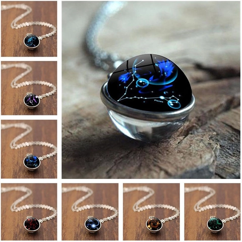 12 Zodiac Constellation Time Gemstone Necklace Alloy Glass Ball Pendant Galaxy Starry Sky Jewelry For Women Men Gift