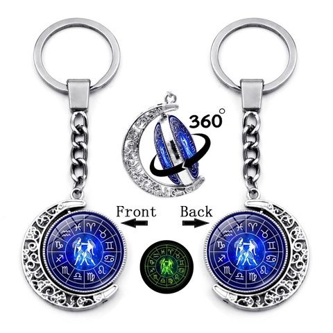 Luminous 12 Zodiac Sign Keychain 360 Degree Rotating Hollow Moon Zinc Alloy Glass Ball Starry Sky Double Sided Key Ring