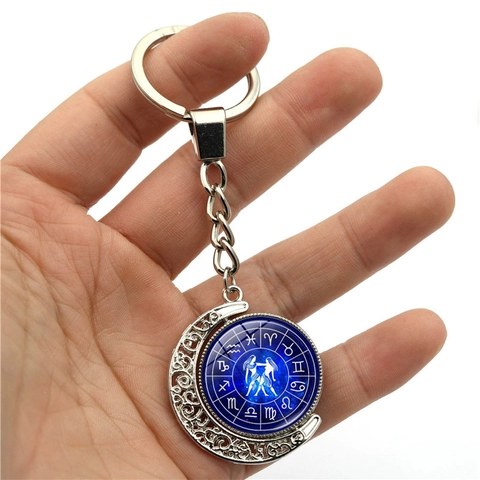 Luminous 12 Zodiac Sign Keychain 360 Degree Rotating Hollow Moon Zinc Alloy Glass Ball Starry Sky Double Sided Key Ring