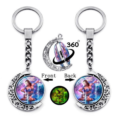Segni Zodiacali Portachiavi Luna Ruotabile Fronte Retro Luminoso Galassia Cielo Stellato Vetro Lega Portachiavi Metallo Regalo Unisex