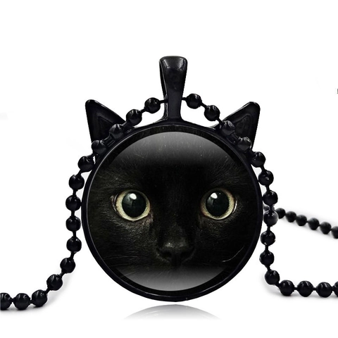 Vintage Legierung Schwarze Katze Gesicht Anhänger Halskette Mit Süßen Katzenohren Glas Zeit Edelstein Kugelkette Damen Schmuck