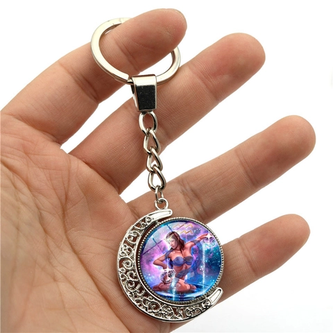 Segni Zodiacali Portachiavi Luna Ruotabile Fronte Retro Luminoso Galassia Cielo Stellato Vetro Lega Portachiavi Metallo Regalo Unisex