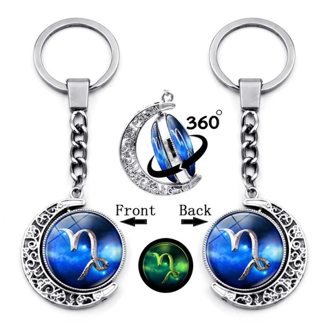 Porte-clés Zodiaque Lune Rotatif Double Face Lumineux Alliage de Zinc Verre Motif Ciel Étoilé Pendentif Accessoire Sac