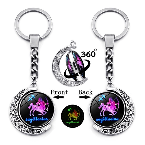 12 Constellations Lumineux Lune Porte-Clés Rotatif Verre Double Face Signe du Zodiaque Pendentif Lueur Nocturne Accessoires Cadeau Femme Homme