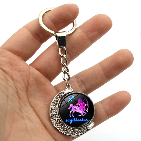 12 Constellations Lumineux Lune Porte-Clés Rotatif Verre Double Face Signe du Zodiaque Pendentif Lueur Nocturne Accessoires Cadeau Femme Homme
