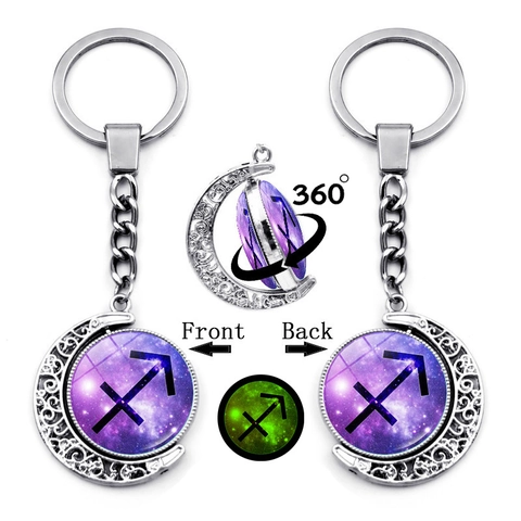 Luminous 12 Zodiac Constellation Keychain 360 Rotating Crescent Moon Galaxy Glass Cabochon Keyring For Bags Birthday Gift
