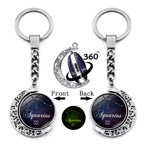 Llavero de Luna Giratoria Luminosa Signos del Zodiaco Aleación de Zinc Vidrio Colgante de Llave Cielo Estrellado Regalo Joyería