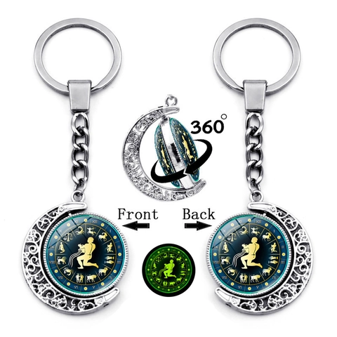 Porte-clés Lune Lumineuse 12 Signes du Zodiaque Rotatif Pendentif Double Face en Alliage de Zinc et Verre Anneau Fluorescent