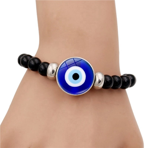 Unisex Turkish Evil Eye Beaded Bracelet Alloy Glass Lucky Eye Protection Black Round Beads Ethnic Jewelry Stretch Bracelet