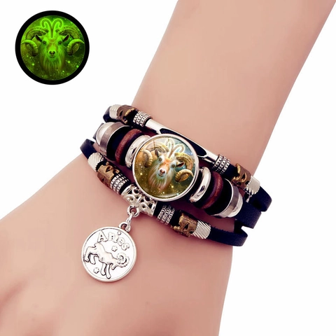 Lichtgevende Twaalf Sterrenbeelden Meerlaagse Leren Kralen Armband Voor Heren Dames Kunstleer Legering Glas Hout Handgemaakte Sieraden Cadeau