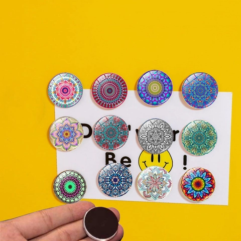 Imanes de Nevera de Cristal Mandala para Decoración de Hogar Oficina Redondo Patrón Cristal Cabujón Pegatinas Magnéticas Pizarra